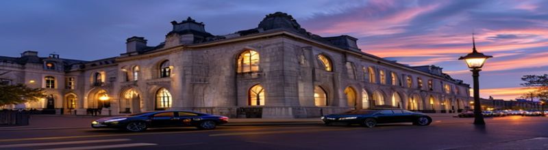 Panoramic wide shot of the King Charles Street facade of the UK Foreign, Commonwealth and Development Office at dusk, classical Portland stone Italianate frontage with arched windows, Union Jack flag illuminated above the entrance, wet pavements reflecting amber street lights, distant view of Whitehall traffic, no people no faces no hands