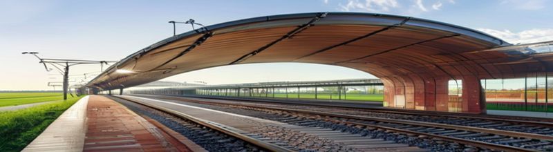 Panoramic exterior view of a newly built modern railway station with a long curving glass-and-steel canopy stretching across two platforms, polished red-brick wing walls, an overhead pedestrian footbridge clad in light timber, a single empty rail track curving away into a green flat fenland landscape, soft morning light, sharp architectural detail on the platform edge tactile strip, no people no faces no hands