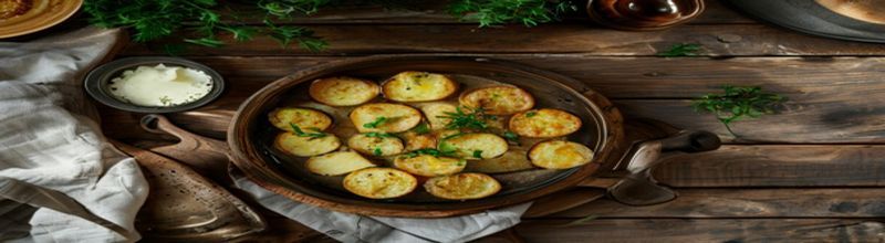 Panoramic overhead view of a dark cast-iron platter set on weathered dark-oak boards, small golden-brown halved new potatoes glistening with melted butter and flecked with fresh chopped chives, a small white dish of cr&egrave;me fra&icirc;che to one side, sprigs of fresh dill and parsley at the corners, soft warm kitchen light, sharp natural detail on the potato skins and herbs, no people no faces no hands