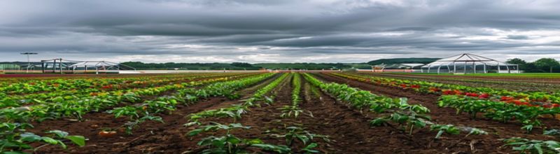 Panoramic view of a fenced agricultural research field-trial site in England under spring overcast sky, rows of tomato plants in cleared soil, polytunnel frames in the background, weather station and yellow regulatory signage at the perimeter, no people no faces no hands