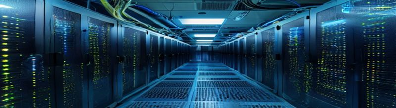 Panoramic interior view of a data centre cold aisle at night, two parallel rows of black server cabinets with rows of green and amber indicator lights, perforated tile flooring, neat blue and yellow patch cables routed through overhead trays, no people no faces no hands