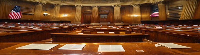Panoramic interior view of the United States Senate floor seen from the press gallery at midday, rows of empty wooden desks beneath a coffered ceiling, two American flags flanking the rostrum, polished marble columns at the back wall, no people no faces no hands