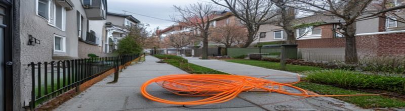 Panoramic view of a residential-street fibre-to-the-home pull-pit being worked on at midday, an open cable chamber on a footpath, a coil of orange fibre duct beside neat green street furniture, a residential terrace beyond, no people no faces no hands