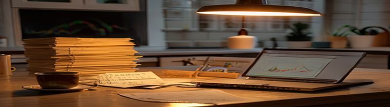 Panoramic still-life of a kitchen counter at dusk, a stack of printed bills and a manila envelope beside a worn leather wallet, a small ceramic jar labelled emergency holding folded notes, an open laptop displaying a generic line chart of household indicators, no people no faces no hands