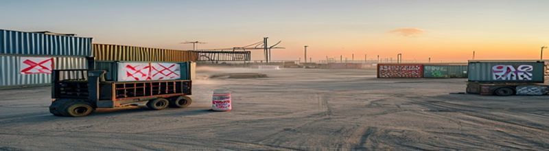 Panoramic view of a logistics yard at a humanitarian aid hub at first light, white shipping containers stencilled with crossed-out generic logos, a pallet of bagged grain on a forklift's tines, a fuel drum with a hand-written stencil, a steel water tank on a low stand, no people no faces no hands