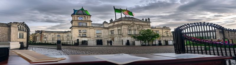 Panoramic view of Leinster House on Kildare Street, Dublin, at late afternoon under a pale grey overcast sky, the limestone facade and central pediment, an Irish tricolour flying from the roof, an empty cobbled forecourt with the cast-iron gates open, a Garda checkpoint hut to one side, a printed bill document folder on a polished oak desk inside a side-window frame catching warm light, no people no faces no hands