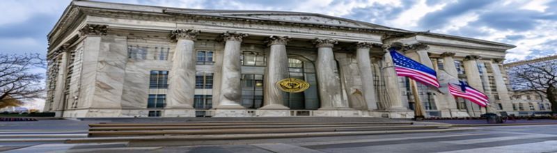 Panoramic view of the Federal Reserve's Eccles Building marble facade at street level on Constitution Avenue in Washington under an overcast morning sky, a polished bronze Federal Reserve System door plaque, an empty stone bench in the foreground, an unfurled American flag on a pole, a digital clock on the building's side reading 14:00 EST, no people no faces no hands