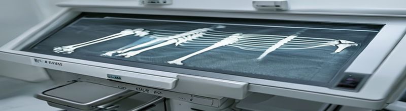Panoramic close-up view of a clean white hospital radiology lightbox with a series of bone X-rays of an adult forearm and femur clipped along it, faint healed fracture lines visible in pale grey on the cortical bone, a printed JAMA paper title strip taped under the films, an empty stainless-steel exam stool beside the lightbox, no people no faces no hands