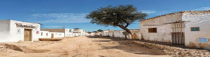 Panoramic view of a sun-bleached Tunisian rural village street at midday with whitewashed clay buildings under a cloudless pale blue sky, a dusty earth road running between low houses, a wall-mounted public health information poster in Arabic and French pinned to a wooden door, a covered well with a stone basin beside it, a single olive tree casting a hard shadow, no people no faces no hands