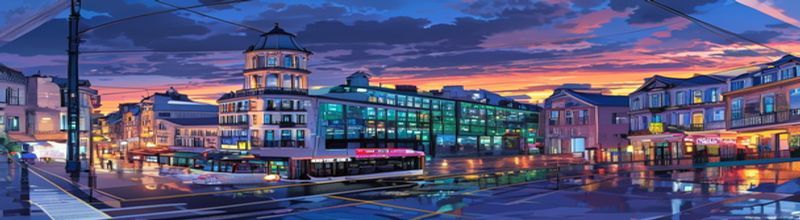 Panoramic aerial view of Dublin city centre at dusk with two green Luas trams crossing the river Liffey on a brightly lit tram bridge and a fleet of double-decker buses lined up at terminus opposite, Custom House dome in distance, no people no faces no hands