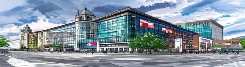 Panoramic view of Zurich Bahnhofstrasse banking district at midday, UBS and former Credit Suisse glass-and-stone headquarters buildings side by side, Swiss flag mounted on one facade, overcast Alpine sky in background, polished granite plaza in foreground, no people no faces no hands