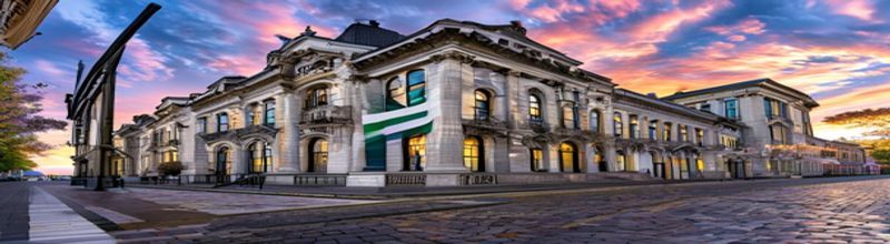 Panoramic exterior view of Government Buildings on Merrion Street Dublin at golden hour, Edwardian Baroque granite facade with green Irish tricolour flag flying above central pediment, cobblestone forecourt and tall cast-iron railings, no people no faces no hands