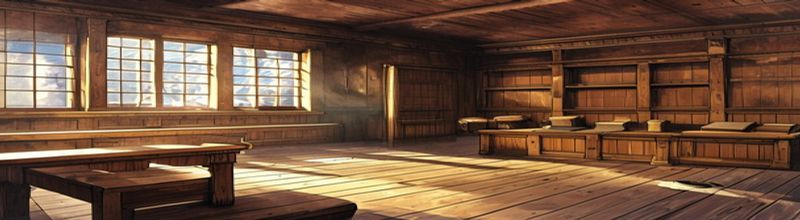 Panoramic interior view of an empty wood-panelled courtroom in soft warm window light, polished oak benches and pew rows on the right, an open clerk&rsquo;s bench at the rear, tall sash windows on the left wall, wide wooden floorboards, no people no faces no hands