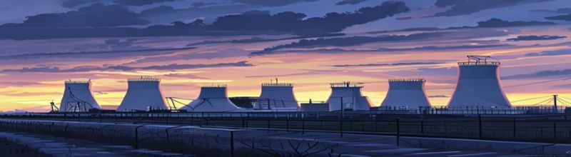 Panoramic view of Zaporizhzhia nuclear power plant complex with six cooling towers and reactor buildings against grey sky, Dnipro river bank in foreground, faded yellow-and-blue safety markings on perimeter fence, no people no faces no hands