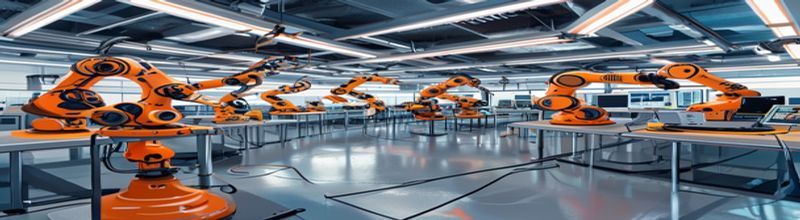 Panoramic view of a clean industrial robotics laboratory with a row of orange-and-grey six-axis collaborative robot arms on stainless-steel benches, control panels and Ethernet cables visible, bright overhead lighting, polished concrete floor, no people no faces no hands