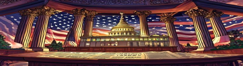 Panoramic aerial view of the US Capitol dome at dusk with the House chamber lights illuminated, marble columns and a long reflecting pool visible in the foreground, two American flags on either side of a stone balustrade, deep blue spring sky transitioning to indigo, no people no faces no hands