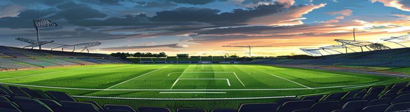 Panoramic wide-angle view of an empty modern football stadium at dusk, manicured green pitch with crisp white markings under floodlights, banked rows of empty seats either side, dark cloud-streaked sky beyond the open end, sharp natural detail on the turf and the line paint, no people no faces no hands