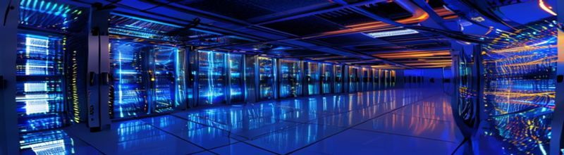 Panoramic dark-room view of a server-room corridor with rows of LED-lit equipment racks and amber warning lights, blue terminal screens displaying redacted code in the foreground, cooling ducts overhead, no people no faces no hands