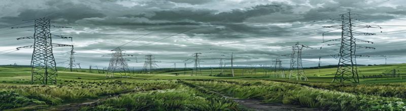 Panoramic view of an electricity transmission corridor crossing the Irish countryside, tall steel pylons carrying power lines into the distance, green pasture and hedgerows below, an overcast grey sky, no people no faces no hands