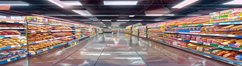 Panoramic view of a supermarket aisle, long shelves stacked with boxed breakfast cereals, packaged bread loaves and frozen-food cartons, bright overhead strip lighting reflecting off the polished floor, no people no faces no hands