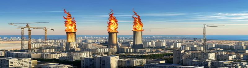 Panoramic skyline view of Baku, Azerbaijan, the three curved Flame Towers rising above the city, dense low-rise housing blocks and construction cranes in the middle distance, the Caspian Sea along the horizon, clear daylight, no people no faces no hands