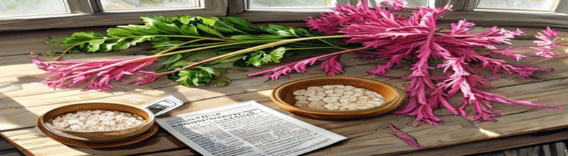 Panoramic overhead view of a small white ceramic bowl of stewed pink-and-rose rhubarb compote next to a bowl of warm porridge oats with a slow trickle of cream pouring in from a small glass jug, weathered dark-oak boards, a length of fresh rhubarb stem and two pale green leaves to the side, soft warm morning kitchen light, sharp natural detail on the rhubarb fibres and the oats, no people no faces no hands