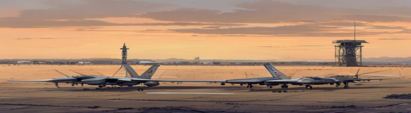 Panoramic view of a desert military airbase at dawn, two grey RAF Typhoon fighter jets parked on a tarmac apron with rocket pods mounted under the wings, hangars and a control tower behind, pale orange sky over flat arid terrain, no people no faces no hands