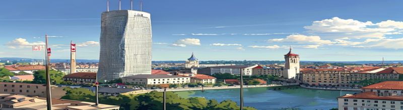 Panoramic view of the Bank for International Settlements tower in Basel, a tall curved modern building rising above the old city rooftops, the Rhine river curving past, two sets of flagpoles in the foreground, clear daylight, no people no faces no hands