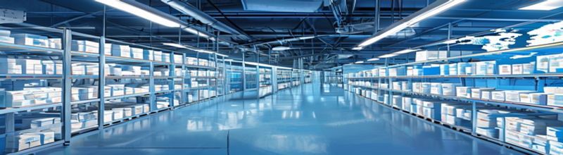 Panoramic view of an automated pharmaceutical warehouse interior, long aisles of steel shelving stacked with sealed medicine cartons and pallets, overhead conveyor lines, cool blue-white industrial lighting, a wall map of Europe in the background, no people no faces no hands