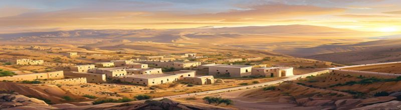 Panoramic view of an arid valley in Yemen at sunrise, terraced hillsides and a cluster of pale stone tower houses, a long empty road winding through the foreground, soft golden light, distant mountains, no people no faces no hands